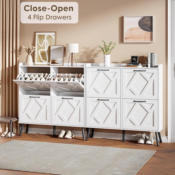 Shoe Cabinet with 4 Flip Drawers, Freestanding Shoe Organizer Cabinet with Metal Legs, Farmhouse Slim Shoe Rack Cabinet for Entryway, Foyer, Hallway, White