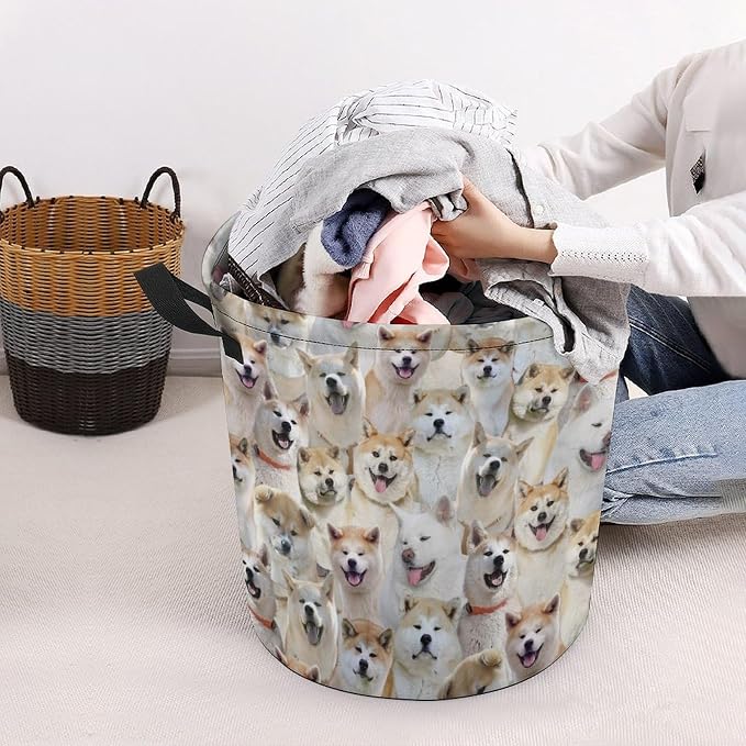Funny Akita Face Print Laundry Basket, Cute Pet Dog Laundry Hamper, Dirty Clothes Basket for Akita Lover, Waterproof Laundry Baskets for Bedroom Bathroom, Gifts for Akita Mom Dog Owner