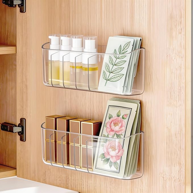 PAVSTINE 2 Pack Adhesive Medicine Cabinet Organizer, Clear Wall Mounted Makeup Storage Shelves for Bathroom Vanity, No Drilling Narrow Organizers for Door Cabinet, 5 Compartment