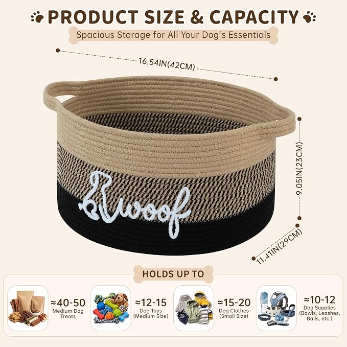 OIAHOMY 22L Large Dog Toy Basket, 16.5"x11.4"x9" Cotton Rope Basket with Cute Woof Embroidery, Soft Woven Pet Toy Box with Handles for Blankets, Leashes & Puppy Accessories, Yellow Black