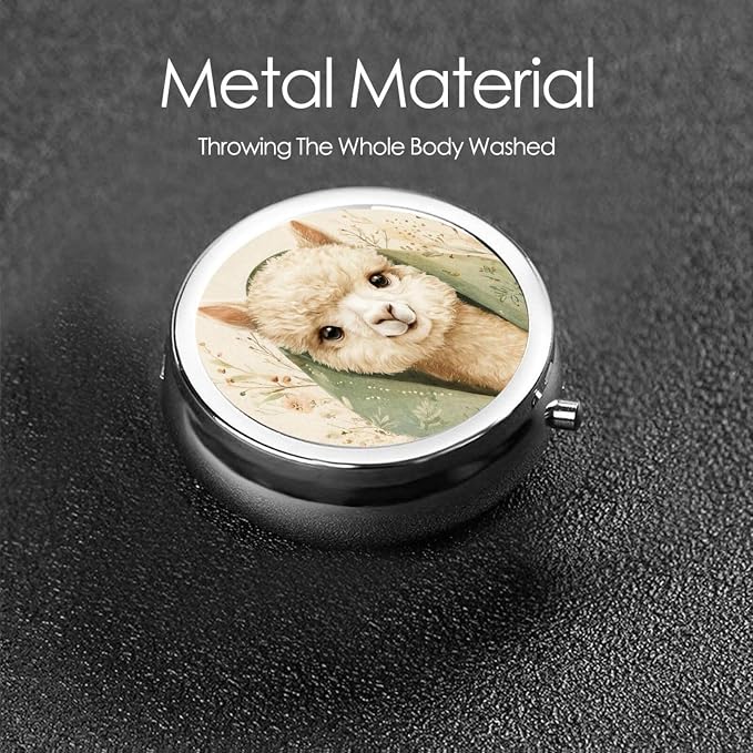 Cute Alpaca Flower Beige Portable Pill Organizer | 3 Compartment, With Mirror, For Men Women, For Daily Supplements, Vitamins, Fish Oil, Jewelry, Candy, Travel