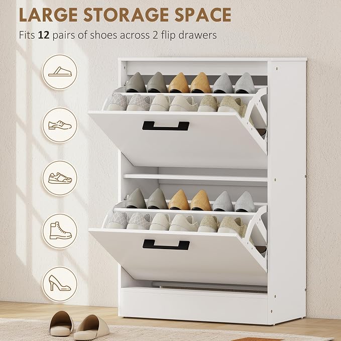 HOMCOM Shoe Cabinet with 2 Flip Drawers, up to 12 Pairs, White | Narrow Storage Cabinet, Adjustable Dividers, Entryway Shoe Storage Unit, for Hallway