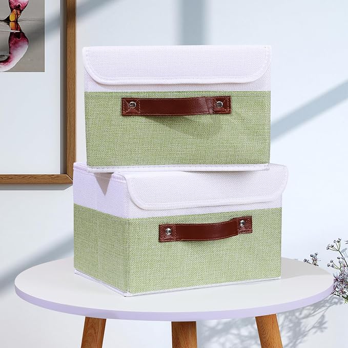 ANMINY Fabric Storage Box Bins with Lids, Green White, 10"x8"x7", 4 Pack | Keepsake Memory Storage, Cotton Linen, PP Board Reinforced, Washable, PU Handles, Foldable & Stackable, Decorative, Small