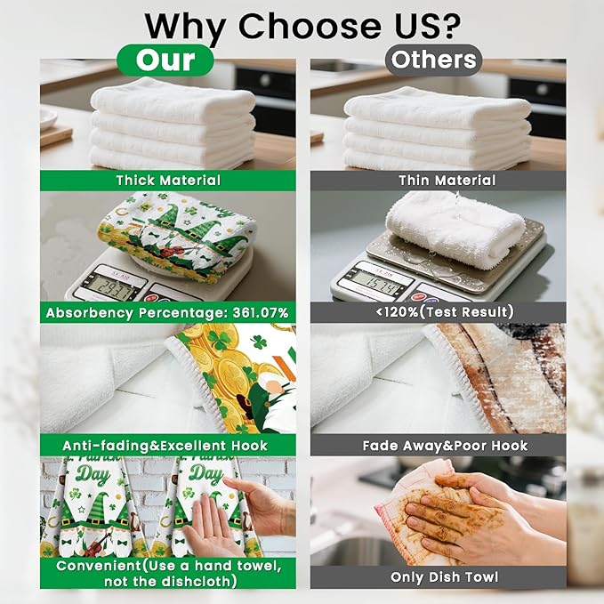CUTHOLLOW St. Patrick's Gnomes Hanging Kitchen Towels with Loop, Set of 2 - Soft & Super Absorbent Microfiber Decorative Hanging Dish & Hand Towel, Tea, Coffee Towel for Kitchen Bathroom Oven Handle