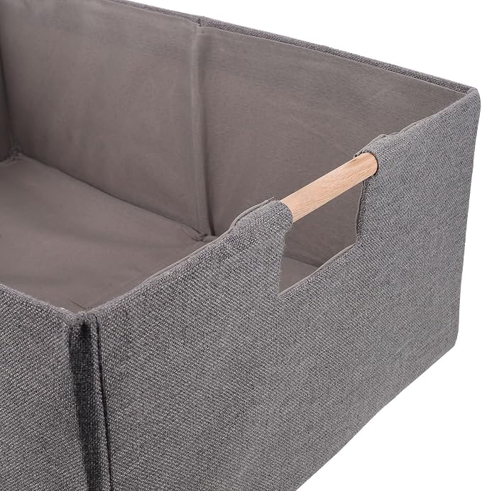 Foldable Fabric Storage Basket for Clothes, Rectangular Cloth Organizer with Wood Handles, Sturdy and Portable Clothing Storage Holder for Bedroom and Underbed Use,