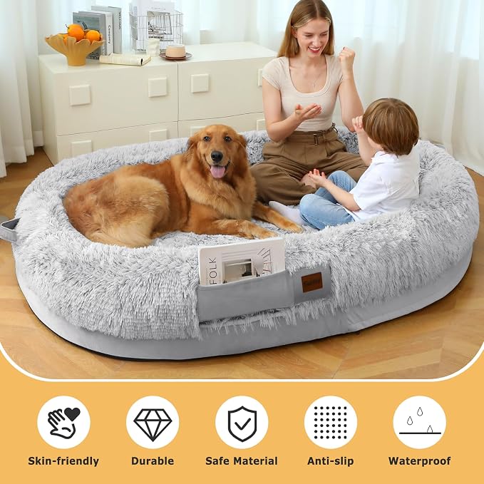 Human Dog Bed for Adult, 71"x48" Large Pet Dog Bed, Cool Grey | Adult Dog Bed for Humans with Pillow & Blanket, Fluffle Cloud Dog Bed with Orthopedic Foam Bolster, Durable Zipper, Portable