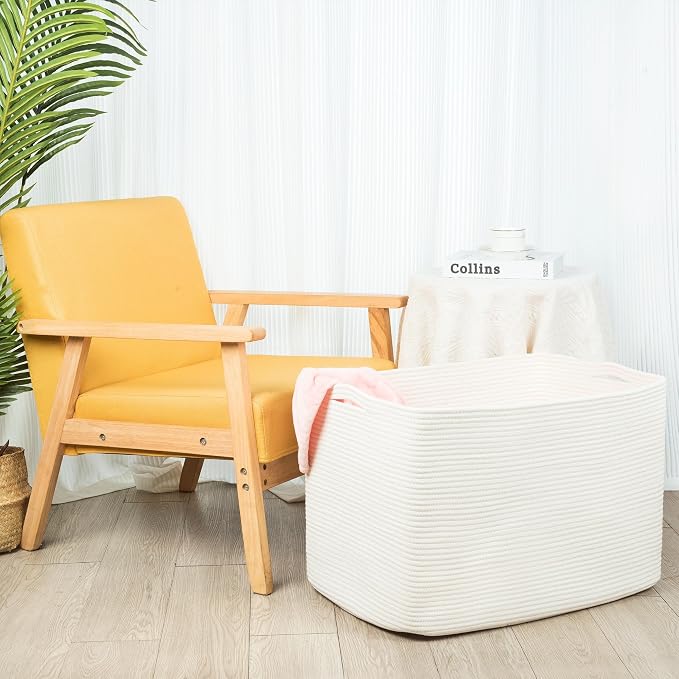 112L Extra Large Blanket Basket Holder Living Room, 25"x17"x16" Rectangle Rope Woven Storage Basket with Handles for Laundry, Towels, Shoes, Dog Toy Organizer Bin Box, Creamy White