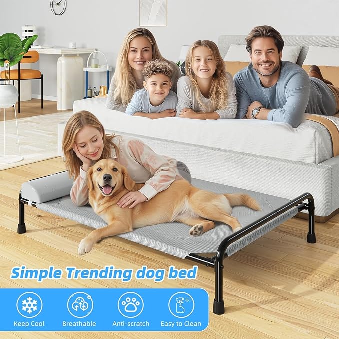Simple Trending Elevated Dog Bed for Large Dogs, 44.5" x 31", Grey | Cooling Raised Pet Cot with Bolster, Dog Couch Cot for Indoor Outdoor, Breathable Mesh, Waterproof, Non-Slip Feet