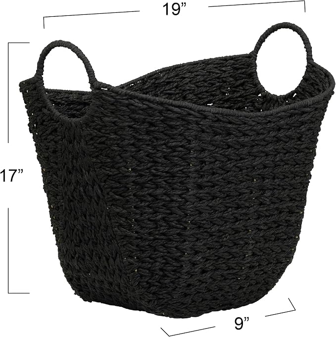 Household Essentials Handwoven Paper Rope Storage Basket with Metal Frame and Handles, Black
