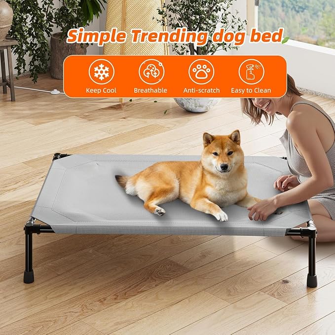 Simple Trending Raised Dog Bed for Large Dogs, Outdoor Elevated Dog Cot | Washable Breathable Mesh, Waterproof Cooling Pet Bed, Portable Pet Cots, Anti-Slip Feet, Easy to Clean, 42" x 31", Grey