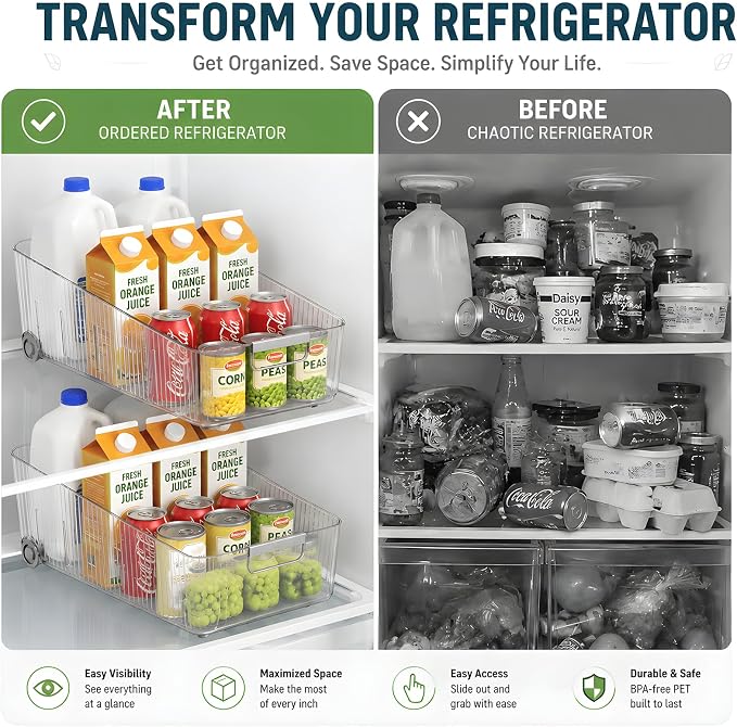2 Pack Fridge Organizer Bins with Wheels, Clear Roll Out Refrigerator Drawers with Adjustable Dividers and Handles, PET Pantry Storage Bins for Drinks, Snacks, Cans and Cabinet