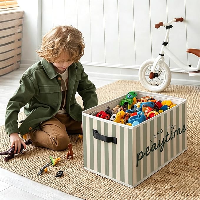 Kids Playroom Foldable Storage Bins Box with Handles, Long Live Playtime Retro Green Striped Decorative Storage Boxes Baskets Toybox Organizer for Kids Nursery Room Bedroom Playroom