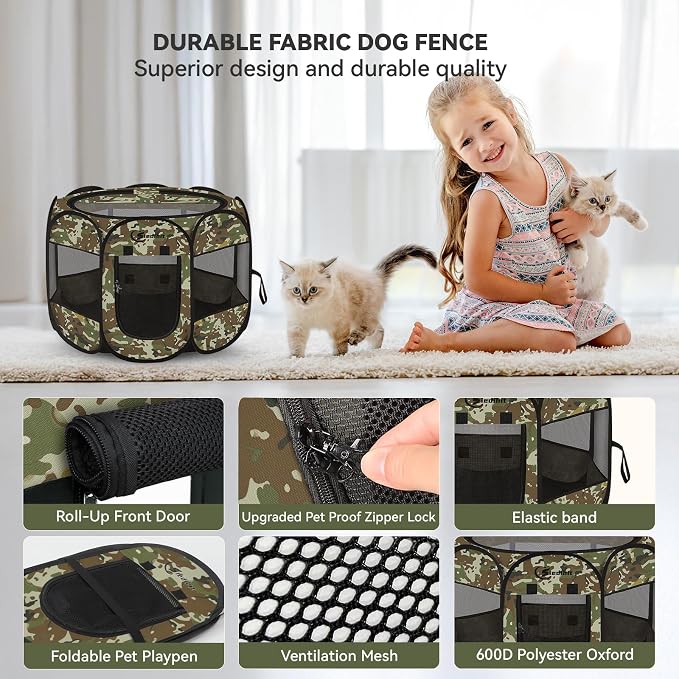 Siedihit Playpen for Small Dog Cat, Dogs Tent Crate Cage Indoor | Outdoor, Portable Pop Up Dog Kennel with Carrying Bag for Rabbits (Green Camo, Small)