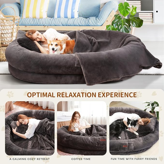 Fvkind Human Dog Bed, Human Size Dog Bed, 71"x51"x12", Dark Grey | Adult Dog Bed for Humans, Soft Plush Faux Fur Cover, Thick Orthopedic Egg Crate Foam, Washable Human Dog Bed for People