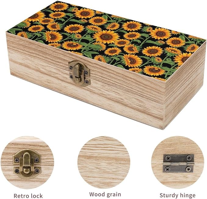 Wooden Memory Keepsakes Box with Hinged Lid and Clasps, Giant Sunflower | Black Crafts Storage Organizer Gift Boxes, Jewelry Container Home Decor for Birthday Party Favor