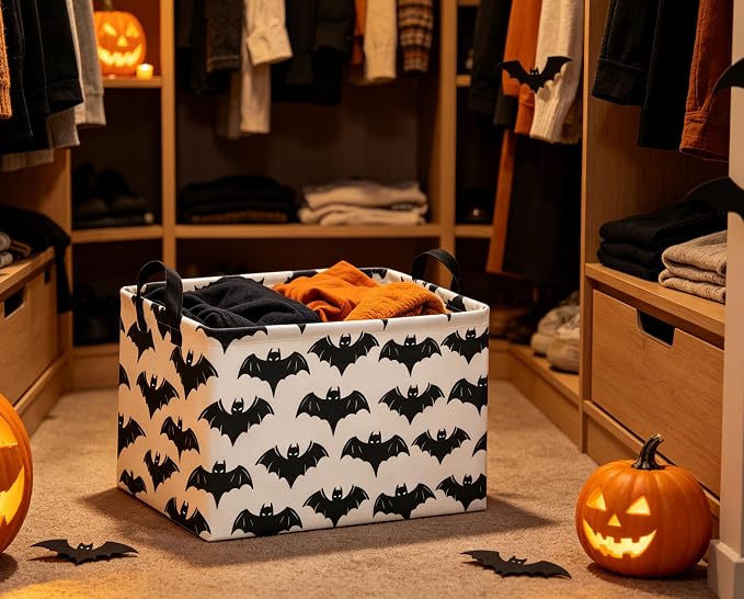 Halloween Basket Empty for Rectangular bat Storage Bins Organizer Bin Box Cute Bat Room Decor for Home(Black Bats)