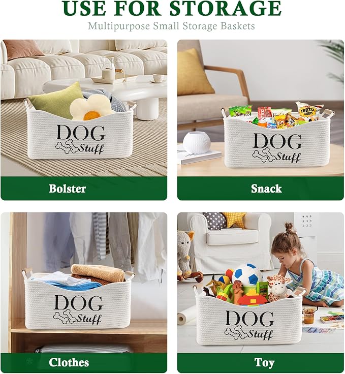 Woven Dog Toy Basket,Dog Stuff Organizer,Collapsible Dog Toy Bin | 100% Cotton Rope Basket with Wood Handles, Dog Organizer for Dog Toys,Collar,Leash,Blankets,Soft and Durable-Beige