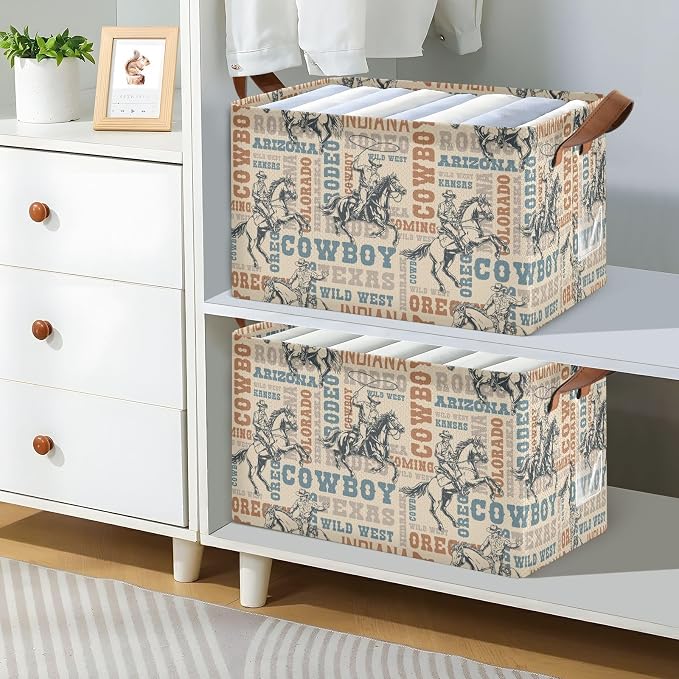 Western Cowboy Horses Retro Vintage 70s 80s Storage Bins for Shelves with Labels&Handles Fabric Organizer Bin Foldable Rectangle Storage Basket Boxes for Closet, Bathroom, Home, Living Room, 2 PC