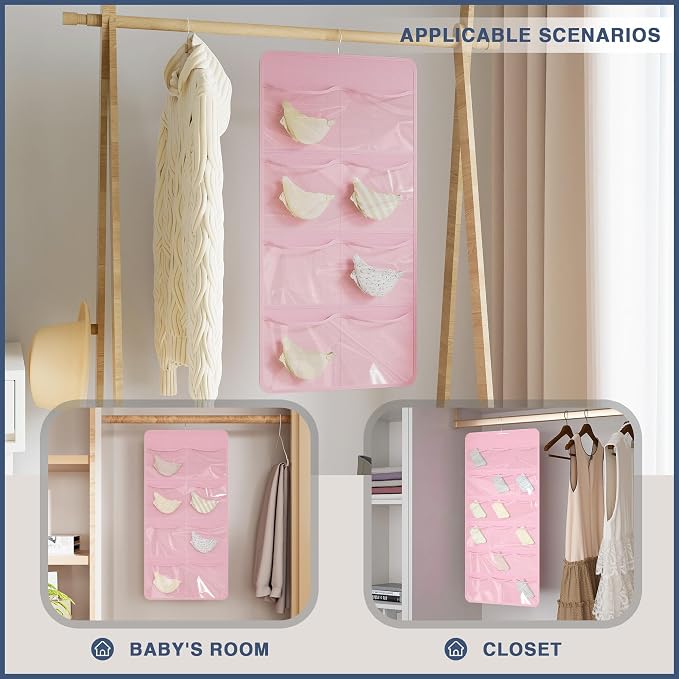 26-Pocket Hanging Closet Organizer for Socks and Underwear, Pink | Non-woven clear compartments keep bras & leggings visible; swivel hook fits wardrobe, closet rod, wall, door or shelves.