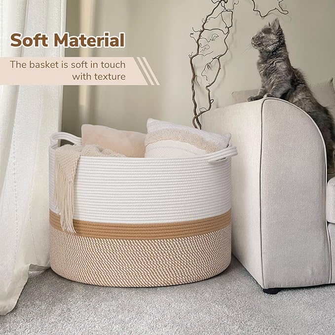 INDRESSME 115L Extra Large Woven Rope Blanket Basket Living Room WhiteCamel | 23.6" x 15.7" Storage baskets for toys laundry & pillows. Fits living room, bedroom or nursery décor. Soft-touch with handles