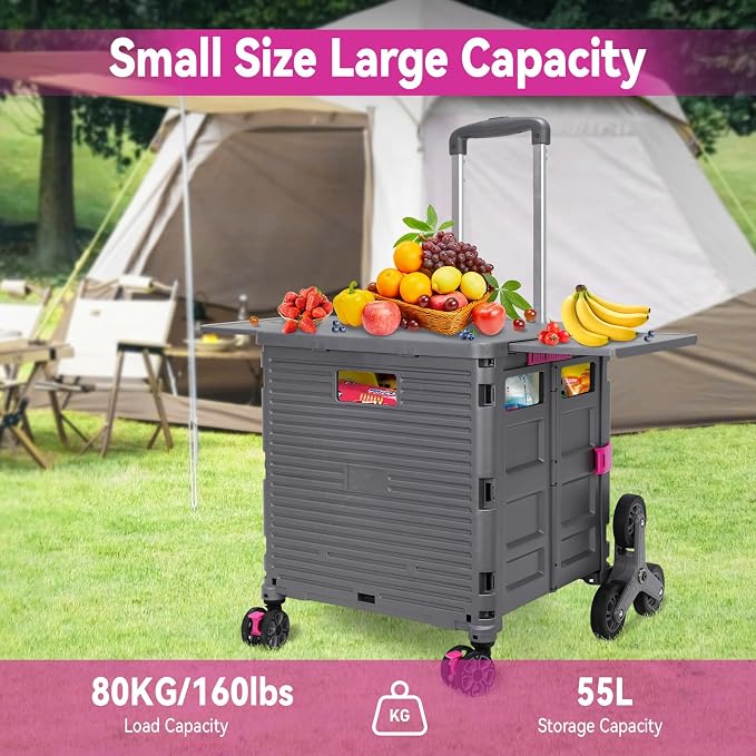 Foldable Utility Cart Portable Crate Rolling Dolly with Telescopic Handle,Can be Pulled diagonally, Magnetic Retractable Lid, 360°Swivel Climbing Wheels for Shopping Carrying Groceries Move Grey