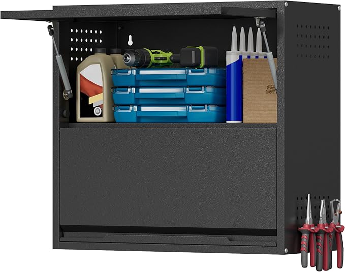 Garage Wall Cabinet, 25.6" H Metal Wall Cabinet with 2 Up-Flip Door | Wall Mounted Metal Storage Cabinet, Upper Cabinet for Kitchen,Garage,Workshop,Warehouse, Assembly Required, Black