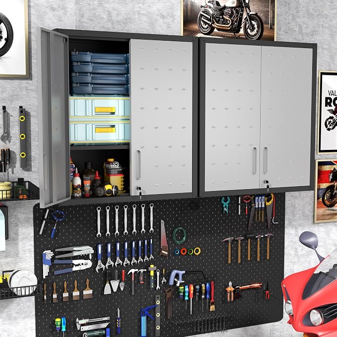 Metal Storage Cabinet for Garage, Tool Cabinet, Utility Cabinet | Wall Mounted, Hanging Tool Cabinet, Lockable, 2 Doors, Adjustable Shelves, Assembly Required, Black & Grey
