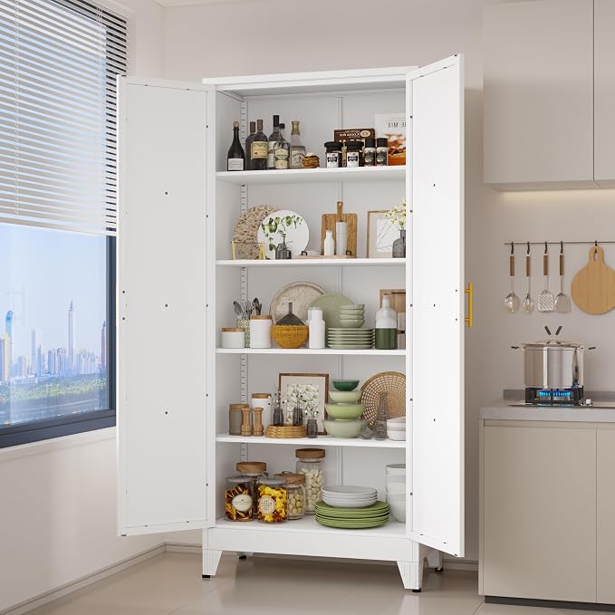 Ckzbx 75" H Metal Kitchen Pantry Storage Cabinet with Doors and Adjustable Shelves for Kitchen, Living Room, Dinning Room (White)