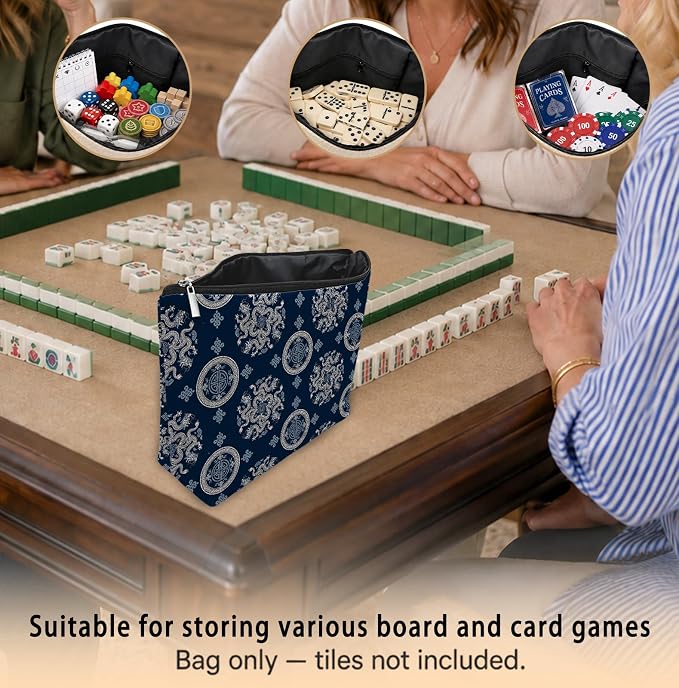 Navy Blue Chinoiserie Empty Mahjong Tile Bag 13x7.8 Inch | Traditional Dragon Portable Travel Case Organizer Zipper Pouch for American Mahjong Tiles Game Night Accessories and Gifts