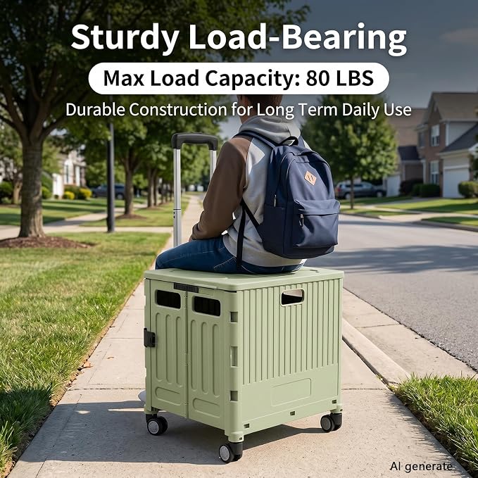 Foldable Rolling Storage Crate with Lid, Telescopic Handle & 4 Wheels, Portable Camping Shopping Box