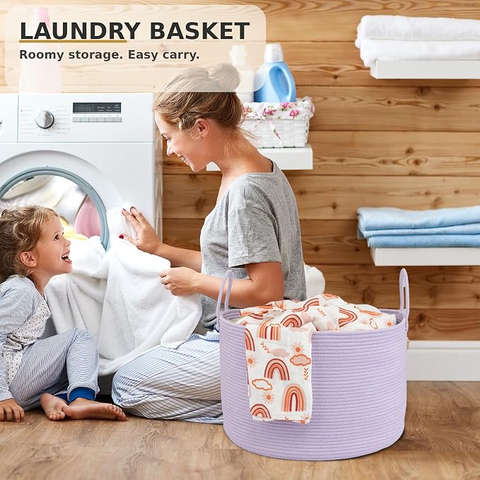 XUANGUO 66L Large Blanket Basket, Round Cotton Rope Basket, Purple | 20" x 13" Laundry Basket with Sturdy Handles for Blankets, Pillows and Toys; Storage for Living Room, Bedroom and Nursery
