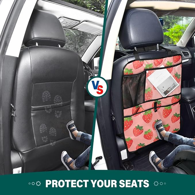 JIPONI Car Backseat Organizer, Strawberrys Pink Automotive Back Seat Protector, Kick Mats with Storage Pockets for Kids Pets, Road Trip Accessories (2 Pack)