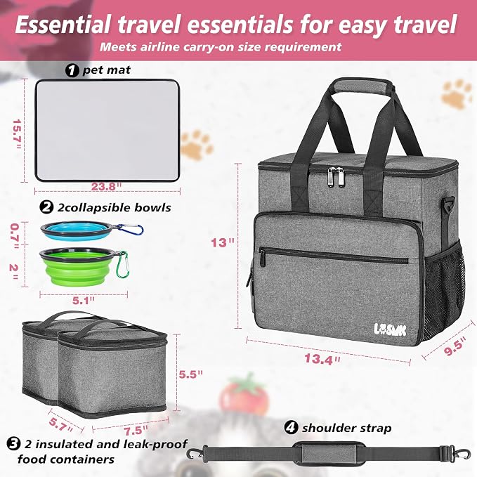 Dog Travel Bag, Large Pet Travel Set with Multi-Function Pockets | 2 Food Storage Containers, 2 Collapsible Bowls, 1 Feeding Mat for Pet Supplies, Road Trip Essentials, Weekend Camping, Grey