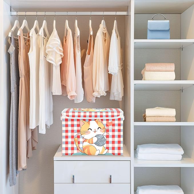 Cute Cat Ball Fabric Storage Bins with Lid Closet Storage Basket 40L | Foldable & Stackable, Flip Top Dust Guard, Reinforced Handles, Home & Bedroom, Clothes & Toys, Cat Print Basket