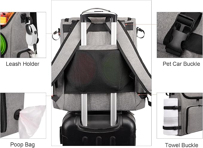 Modoker Multi-Compartment Dog Travel Backpack for Pet Supplies, Grey | Dog Travel Accessories Organizer with 2 Food Bags, 2 Bowls, Quick-Access Pockets, Tissue Opening, Luggage Sleeve, Feeding Mat