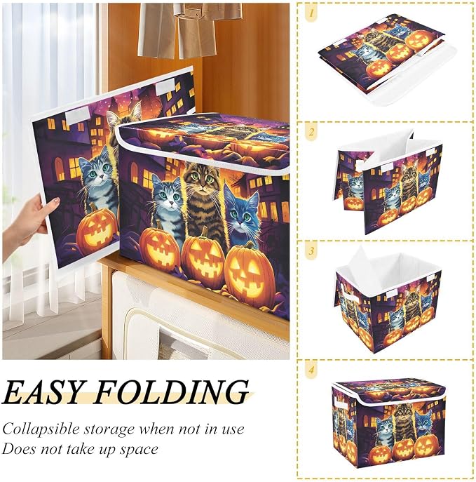 Fabric Storage Bins with Lid Halloween Cat Closet Storage Basket 40L | Decorative Storage Boxes, Foldable & Stackable, Dust-Proof Flip Top, Reinforced Handles, For Home & Dorm, Clothes & Toy Box