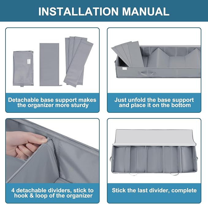 Under Bed Storage Containers, 2 Pack Under the Bed Bags, Clear Underbed Storage Bins with Sturdy | Adjustable Dividers | Sidewalls | Bottom, Closet Organizer for Clothes Sheet Blankets, 47.5x16x6in