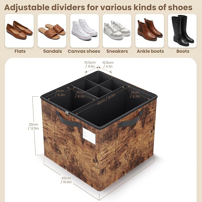 Varhomax Shoe Organizer Box for Closet, Fabric Storage Basket | Foldable Shoe Bin with Adjustable Dividers & Clear Cover, Saving Space Sneakers & Sandals Containers for Entryway, Cubby