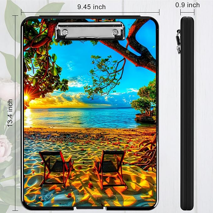 Beach Sunset A4 Clipboard with Storage Pen Holder, Clipboards Organizer Nursing Clipboard Foldable File Folder Plastic Clipboard Folio Clip Board for Office Students Classroom Doctor