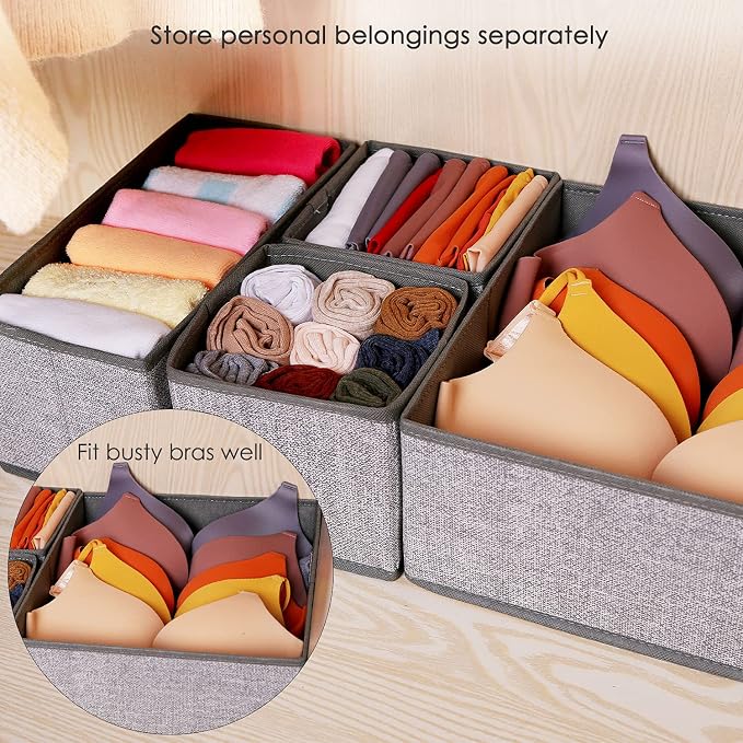 Foldable Underwear Drawer Organizer, Closet Dividers, Storage Box for Clothes, Socks (6 Bins, Gray)