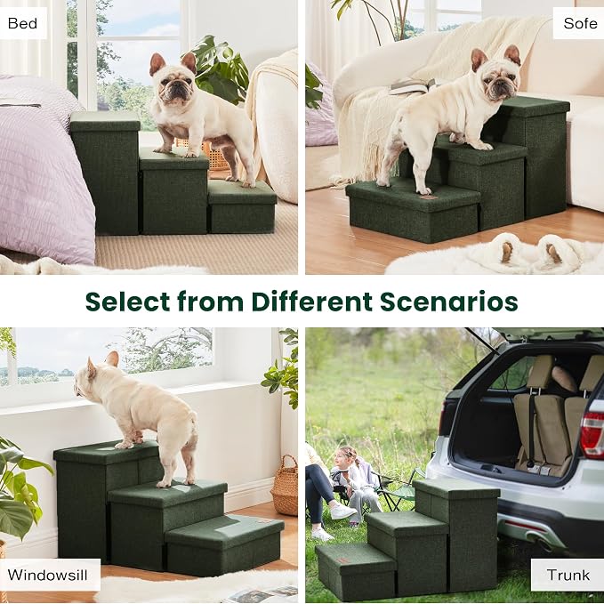 Love's cabin Dog Stairs for High Bed, Foldable Pet Stairs for Small Medium or Large Dogs Puppy with Storage for Bed or Couch, Cat Dog Steps Ramp with Zip up to 200 lbs, Dark Green, 3 Steps