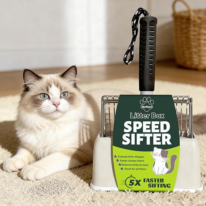 [2026 Version]18/8 Stainless Steel Cat Litter Scoop-Efficient Metal Cat Litter Scooper with Holder, Heavy Duty Litter Sifter, Pooper Scooper Kitty Litter Box-Cat Scooper for Litter Box Cleaning