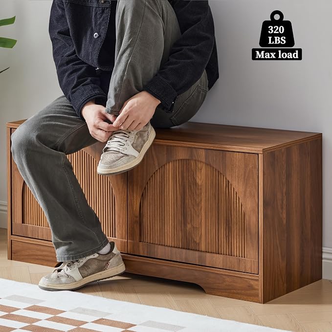 BERRYMERRY 39.4" Fluted Walnut Shoe Storage Bench for Entryway | Arched Door,Entryway,End of Bed,Shoe Cabinet,Adjustable Shelf,Bedroom,Brown,Mid Century Modern