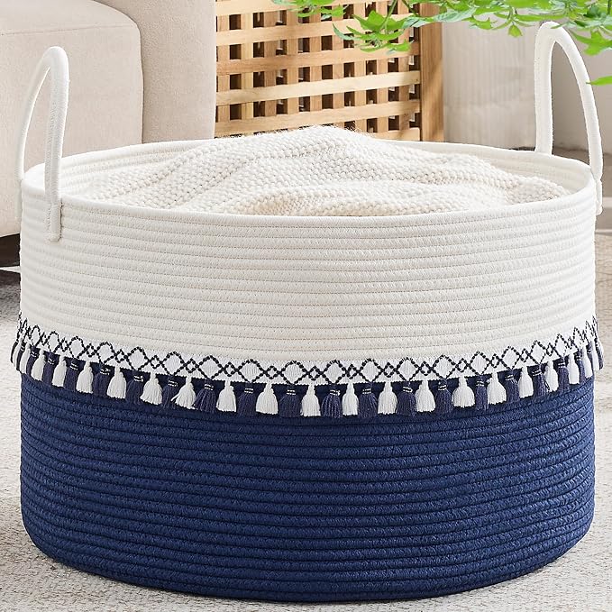 KAKAMAY Large Blanket Basket with Handles, Storage Basket for Living Room | Extra Large Capacity | Natural Cotton Rope | Blanket Storage | Woven Storage Basket | Stuffed Animal Storage | Laundry Basket