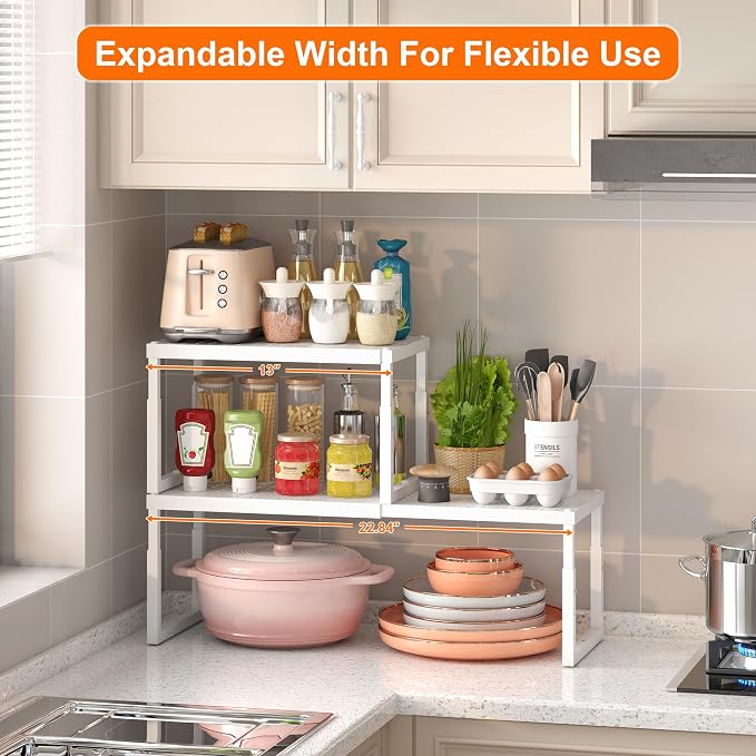 RUILALIFE Expandable-Stackable-Shelf-Organizer-For-Cabinet Pantry Closet,Kitchen Counter Shelf With Adjustable Height, Metal Storage Shelf Riser Spice Rack For Cupboard Countertop