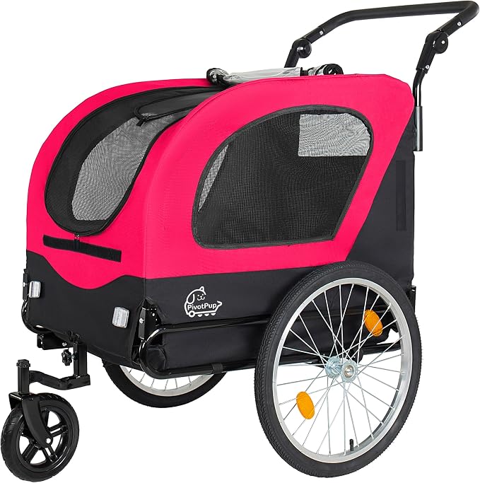 2-in-1 Bike Trailer & Pet Stroller for Dogs up to 110lbs– Foldable Pet Carrier Cart with Front Caster & 20'' Quick Release Air-Filled Wheels, Breathable Mesh and PVC Rain Cover, Red