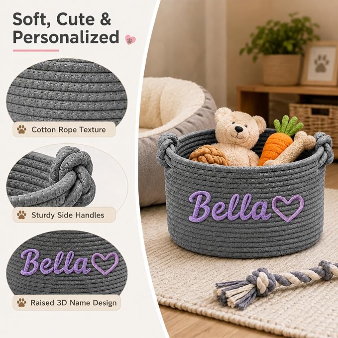 Personalized Dog Cat Toy Basket with Name, Custom Pet Storage Bin | for Puppies, Kittens, Dog Moms and Pet Owners; Organize Toys, Treats, Leashes and Blankets in Living Rooms or Pet Corners
