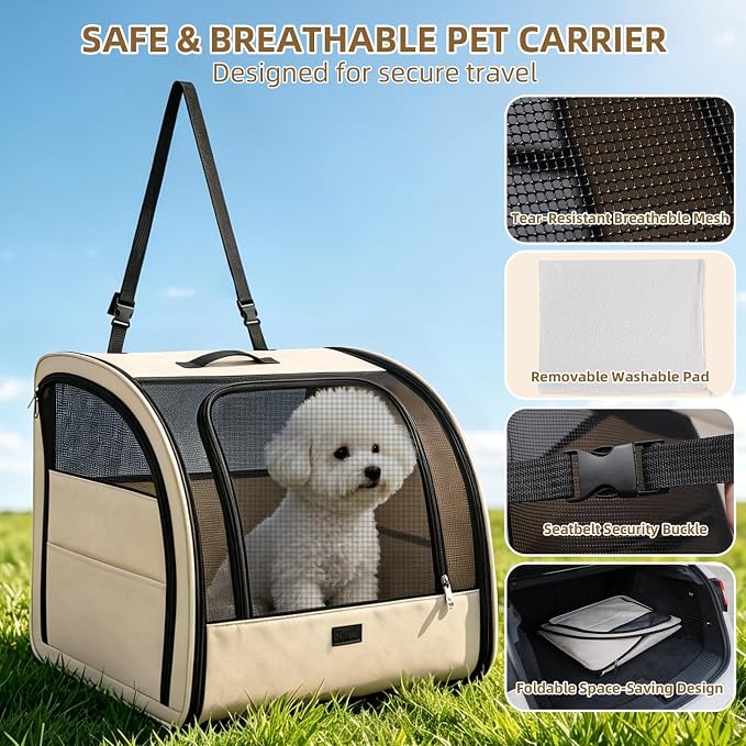 Dog Car Seat for Small Medium Dogs & Cats, Soft-Sided, Beige | Collapsible Pet Travel Carrier, Breathable Mesh, Car Kennel Secured with Seatbelt, Washable Pad, Enclosed Backseat Dog Crate