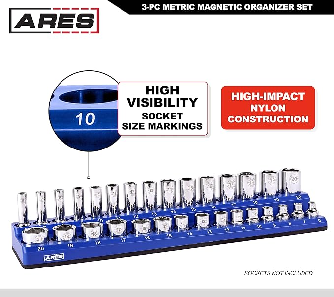 ARES 60036 3-Pc 1/4,3/8,1/2-In Blue Metric Magnetic Socket Organizer | Part No. 60036; Includes 1/4-Inch, 3/8-Inch, and 1/2-Inch Socket Holders