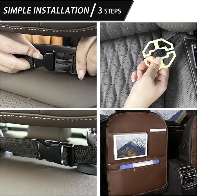 SUTSU Kick Mat Back Seat Protector， Waterproof Leather Car Seat Back Organizers Cover with 3 Storage Pockets for Kids Pets SUV Sedan Minivan Truck Car Travel Accessories (Coffee 2-pack)